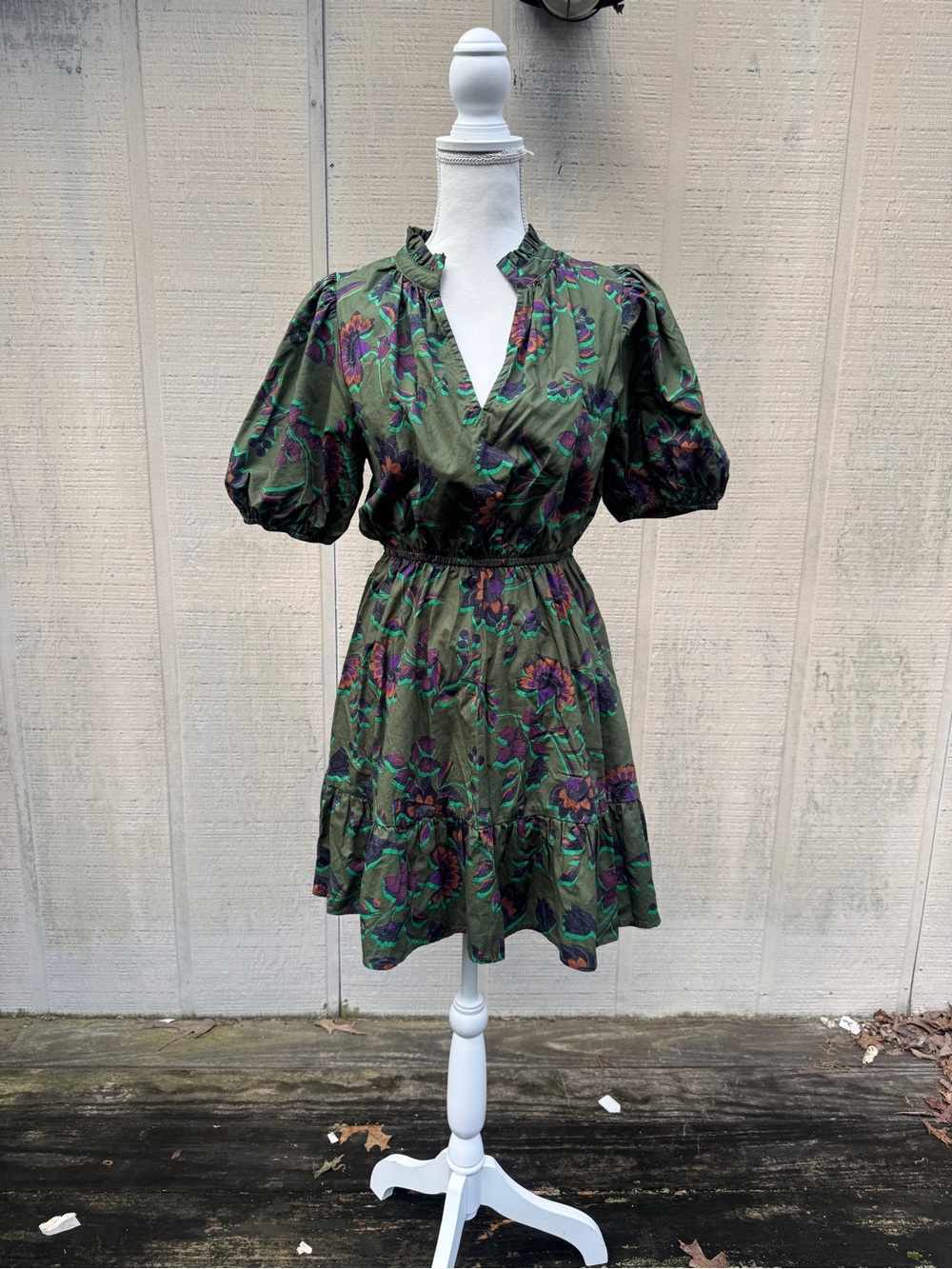 Sugarlips Olive Green Floral Puff-Sleeve Mini Dress